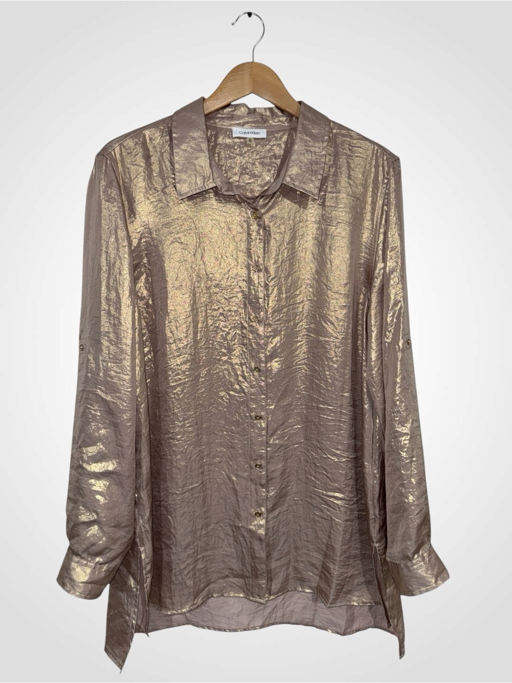 WSH31 {Calvin Klein} Gold Metallic Long Sleeve Button Down Blouse Top Shirt